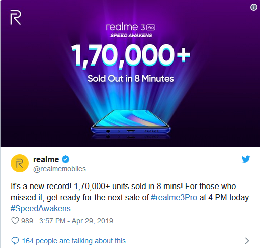 Realme 3 pro印度首销 8分钟售罄17万部